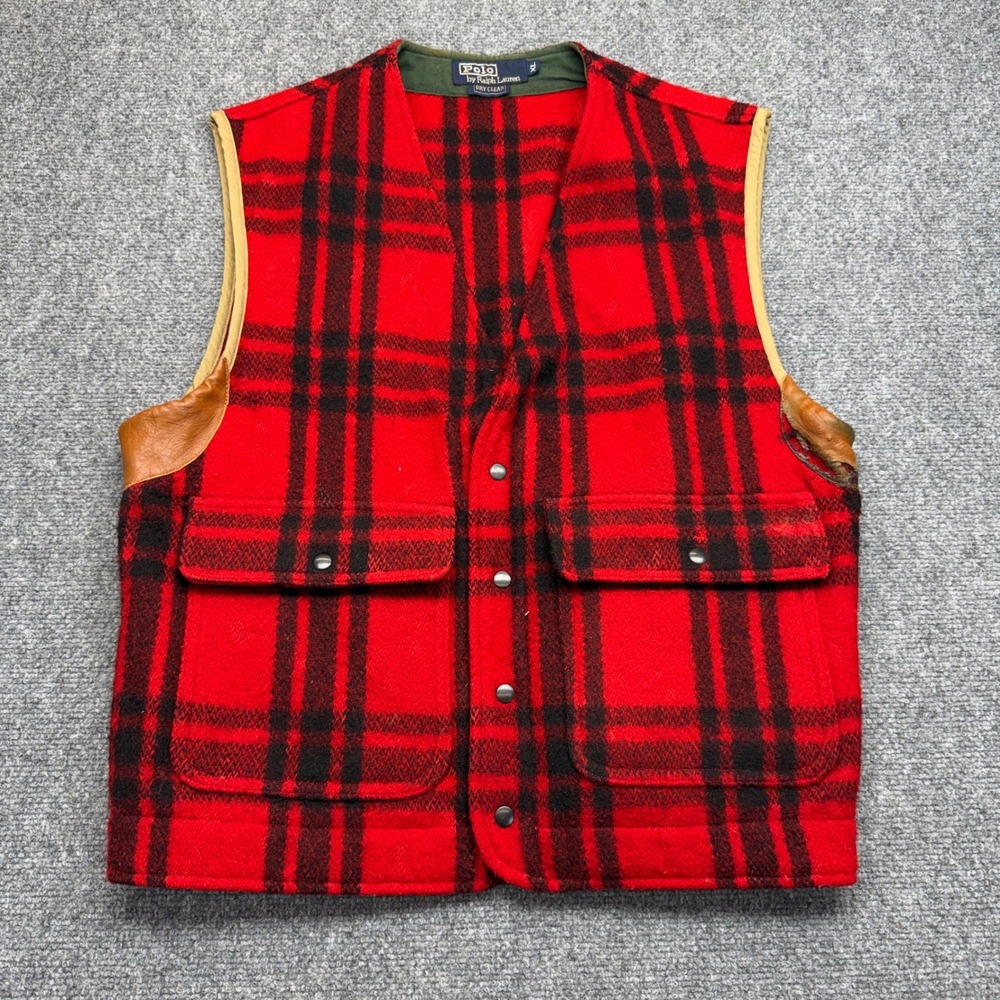 Vintage Polo Ralph Lauren Mens XL Red Black Plaid Wool Hunting Vest Leather Trim
